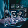Digital interface showcasing AI technology with holographic icons and robot graphic