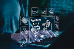 Digital interface showcasing AI technology with holographic icons and robot graphic