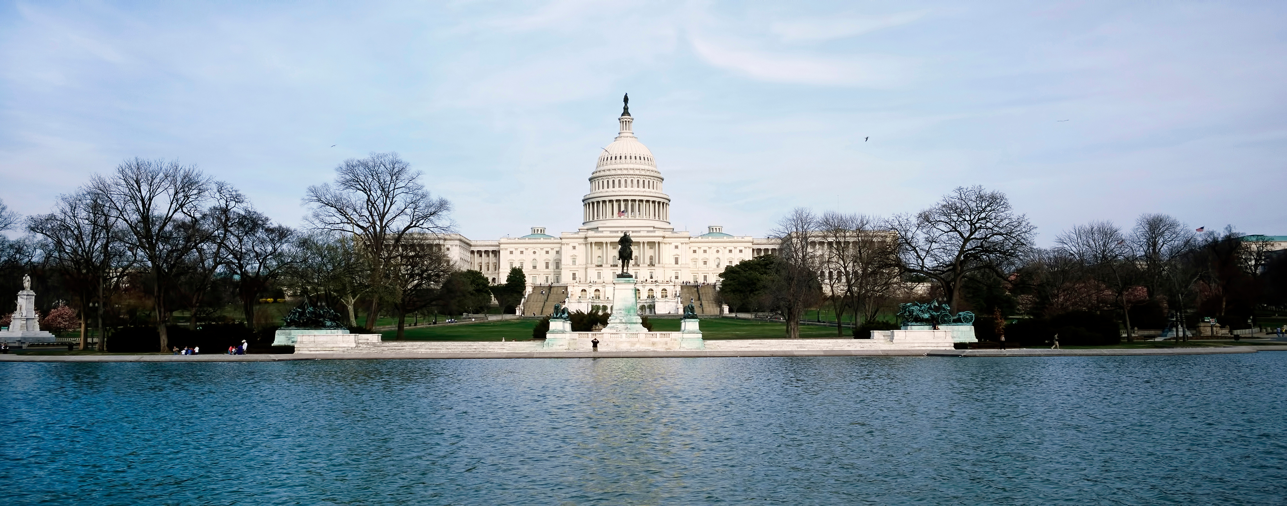 U.S. Capitol building in Washington D.C. with reflecting pool and winter trees
