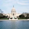 U.S. Capitol building in Washington D.C. with reflecting pool and winter trees