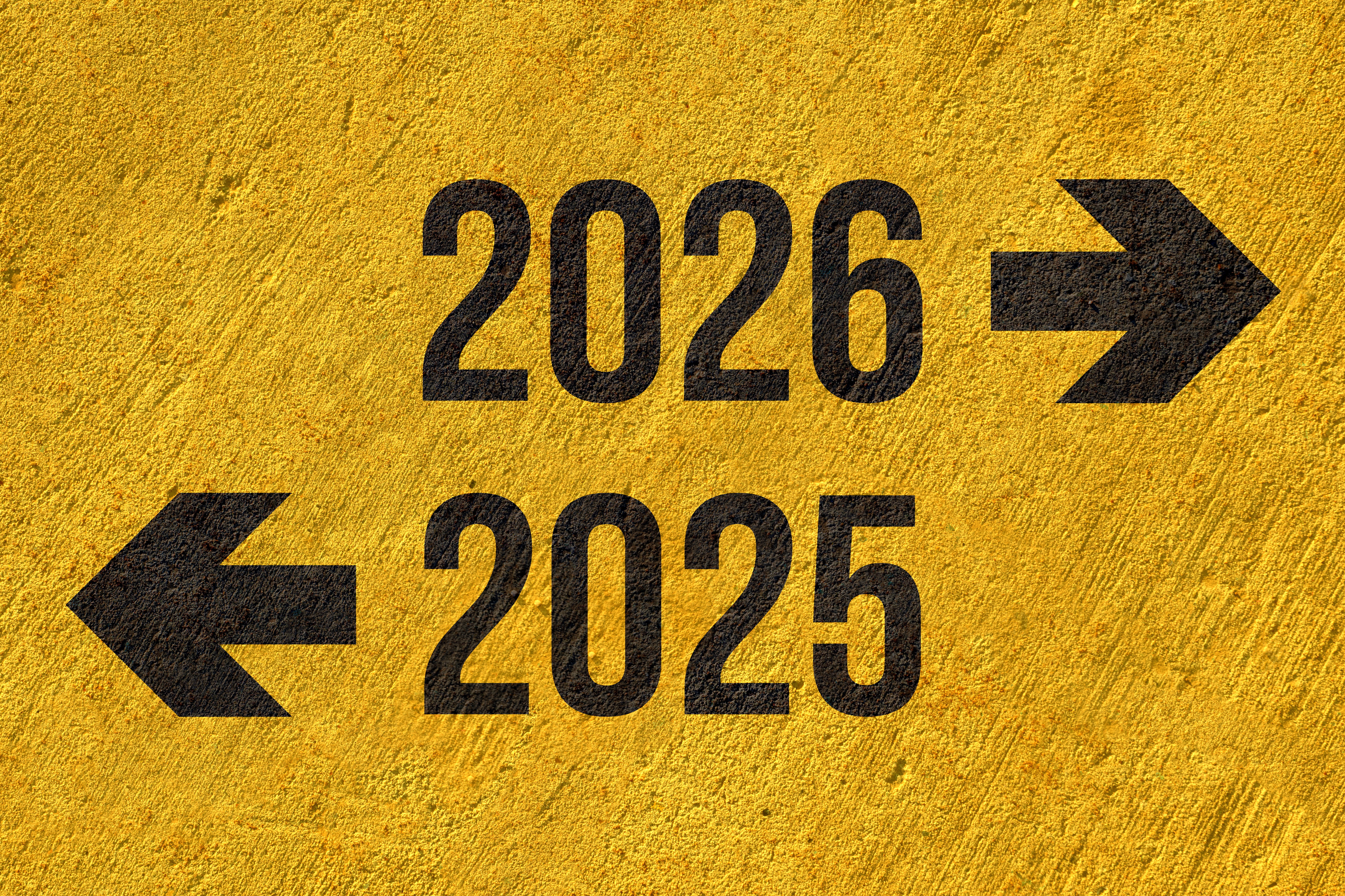 Yellow textured background with black arrows pointing to years 2025 and 2026