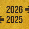 Yellow textured background with black arrows pointing to years 2025 and 2026