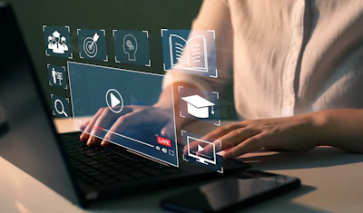 Digital learning interface with holographic icons showing online education technology