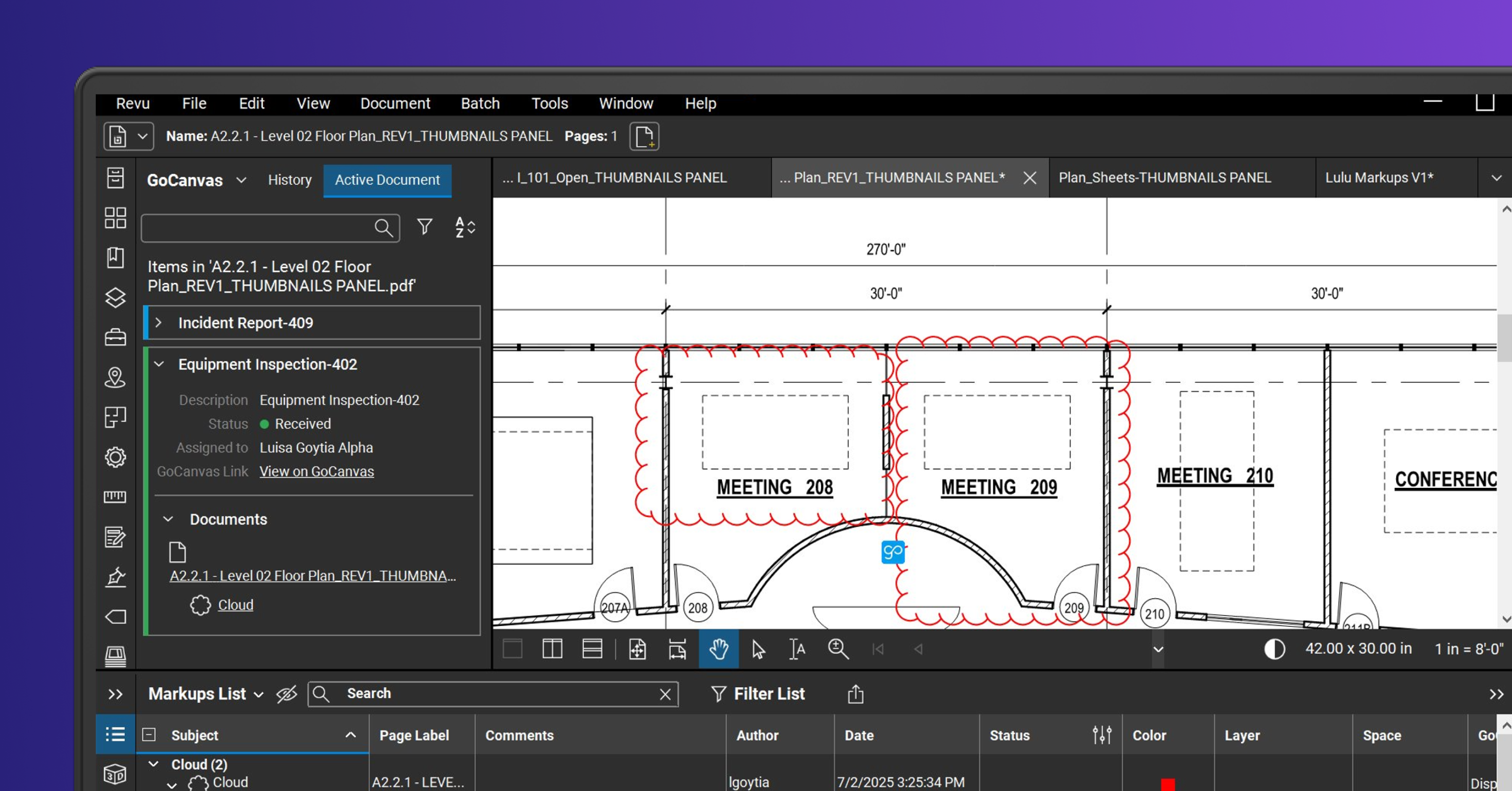 Architectural design software interface with floor plan layout and meeting room drawings