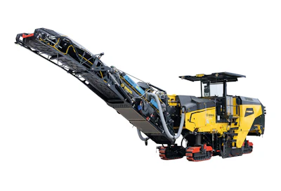 Yellow and gray road milling machine with extended conveyor arm on white background