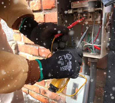 Technician wearing safety gloves repairing electrical panel near brick wall