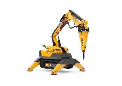 Yellow robotic demolition excavator with hydraulic hammer on tracked base