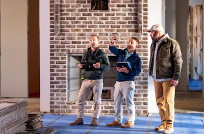Three construction professionals reviewing plans near brick fireplace during site inspection