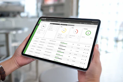 Tablet displaying business analytics dashboard with green and circular performance indicators