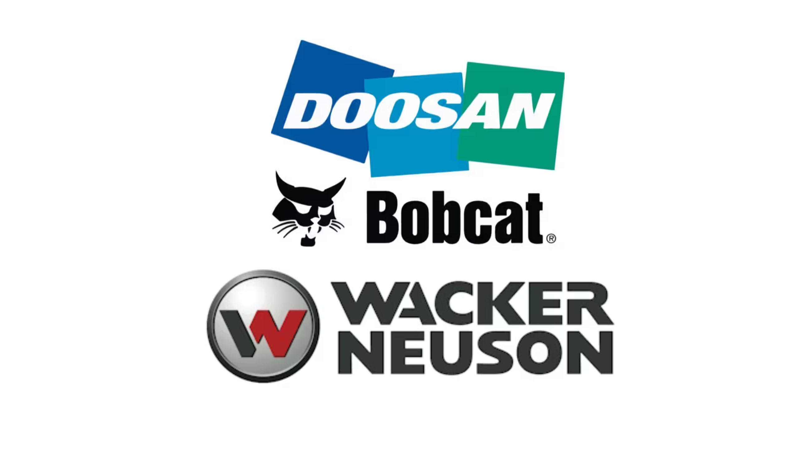 Logos of Doosan, Bobcat, and Wacker Neuson industrial machinery brands