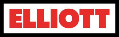 Elliott logo in bold red letters on white and black background
