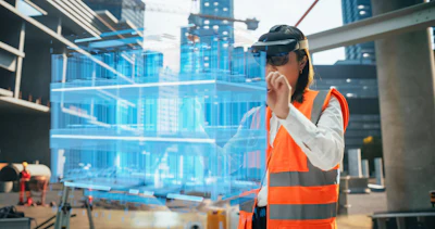 Construction professional using VR headset to interact with blue holographic building model