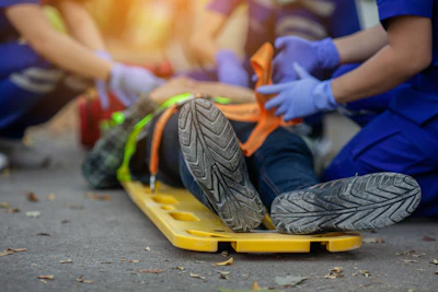 Emergency medical team treating patient on yellow stretcher with protective gloves
