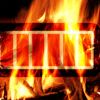 Battery icon with full charge bars against a dramatic background of intense orange and yellow flames