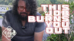 Bearded man with glasses in gray shirt, 'This Job Burns You Out' text overlay