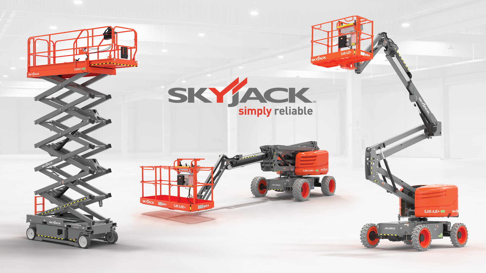 Skyjack aerial work platforms: scissor lifts and articulating boom lifts in orange and gray