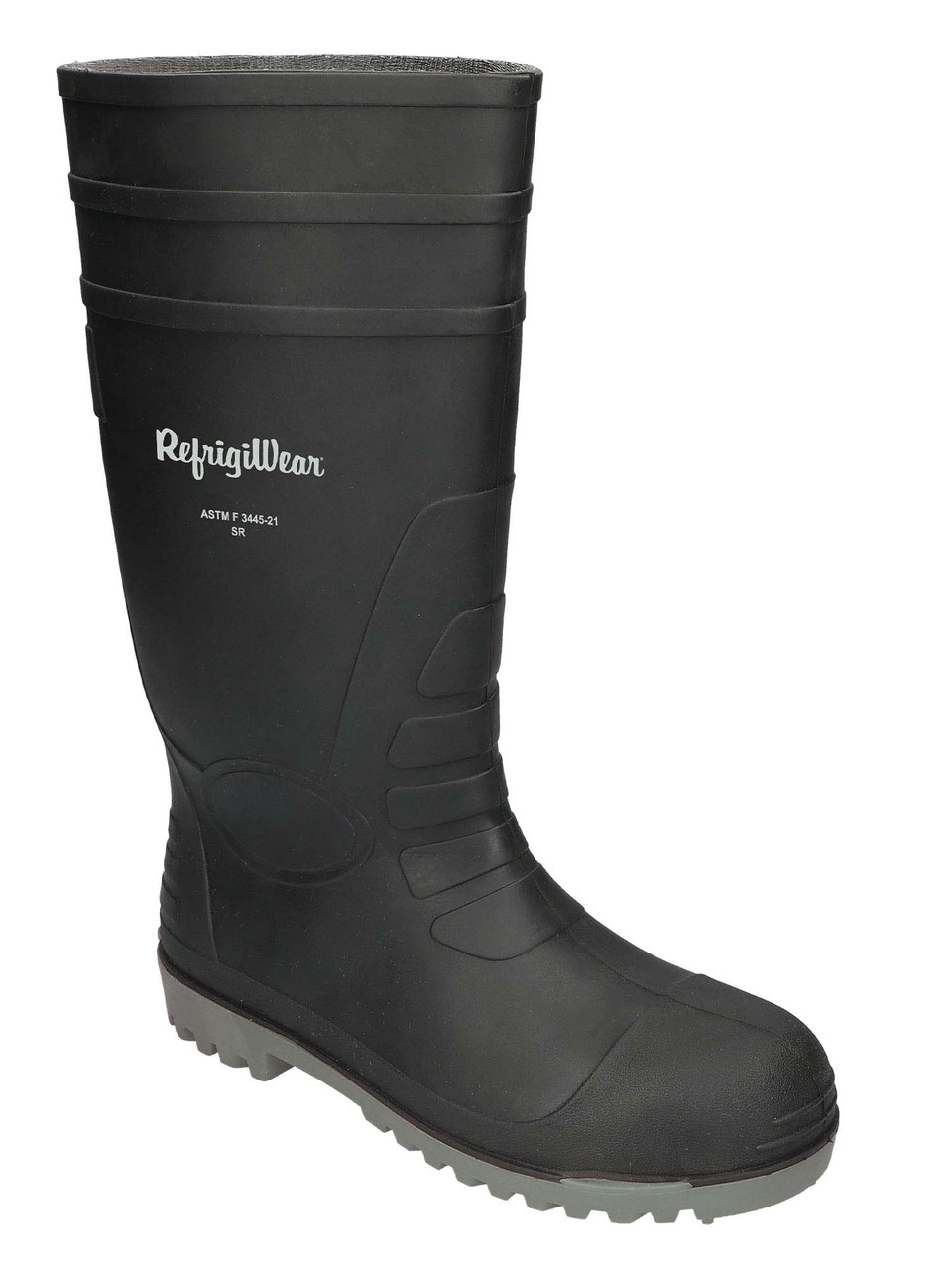 Black waterproof work boot with RefrigiWear logo, gray treaded sole