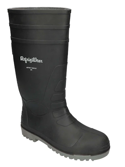 Black waterproof work boot with RefrigiWear logo, gray treaded sole