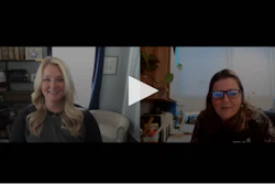Two people in a split-screen video conference call, smiling