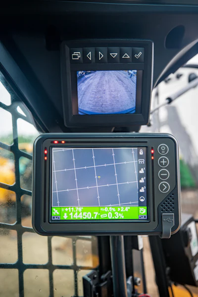 Vehicle control display showing digital dashboard with rear camera view and navigation grid
