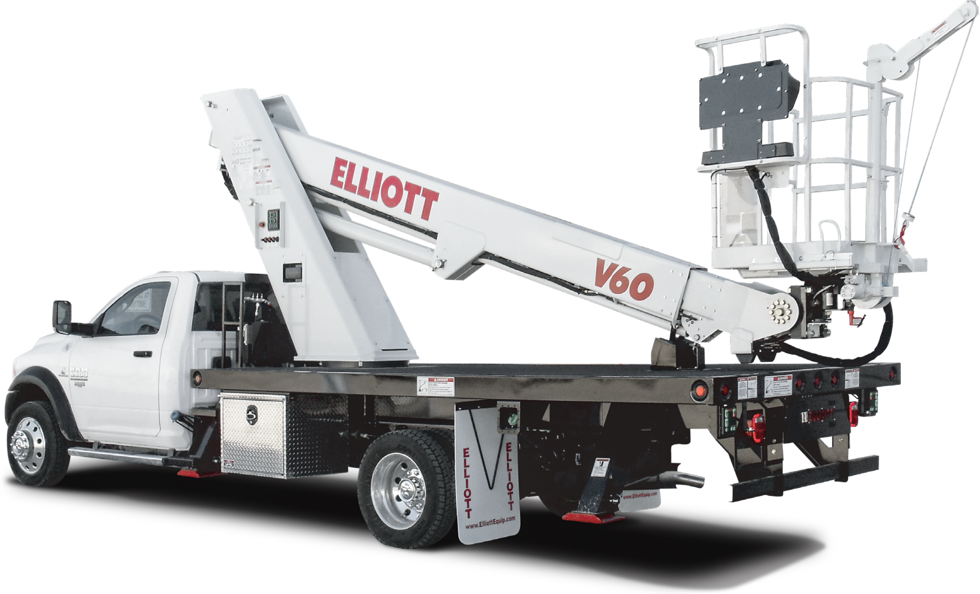 White Elliott V60 utility bucket truck with extended hydraulic lift arm