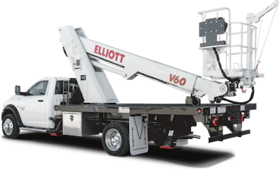White Elliott V60 utility bucket truck with extended hydraulic lift arm
