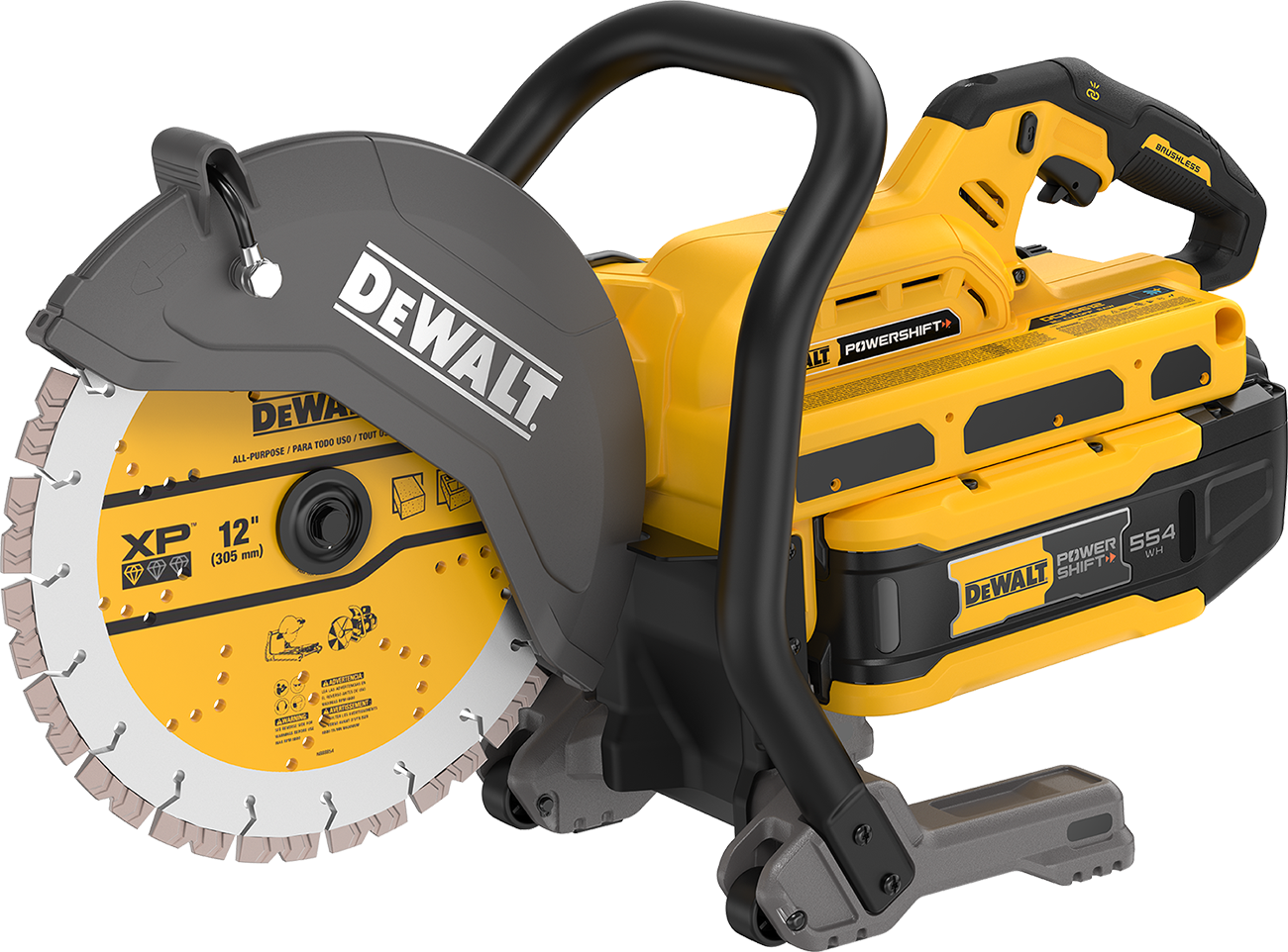 DeWalt 12-inch cordless power cutter with yellow and black battery-powered saw