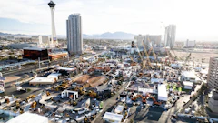 Aerial view of Las Vegas construction site with Stratosphere Tower and urban landscape