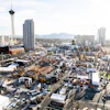 Aerial view of Las Vegas construction site with Stratosphere Tower and urban landscape