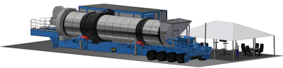 Industrial blue and gray rotary machine on transport chassis with adjacent shelter