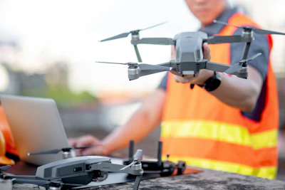 Construction worker in safety vest preparing drone for aerial survey