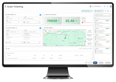 Scale Ticketing web dashboard displaying logistics tracking with vehicle details and map interface