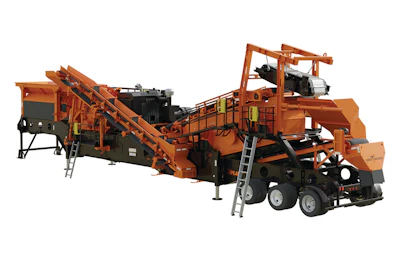 Large orange industrial mobile screening machine with conveyor belts and multiple sections