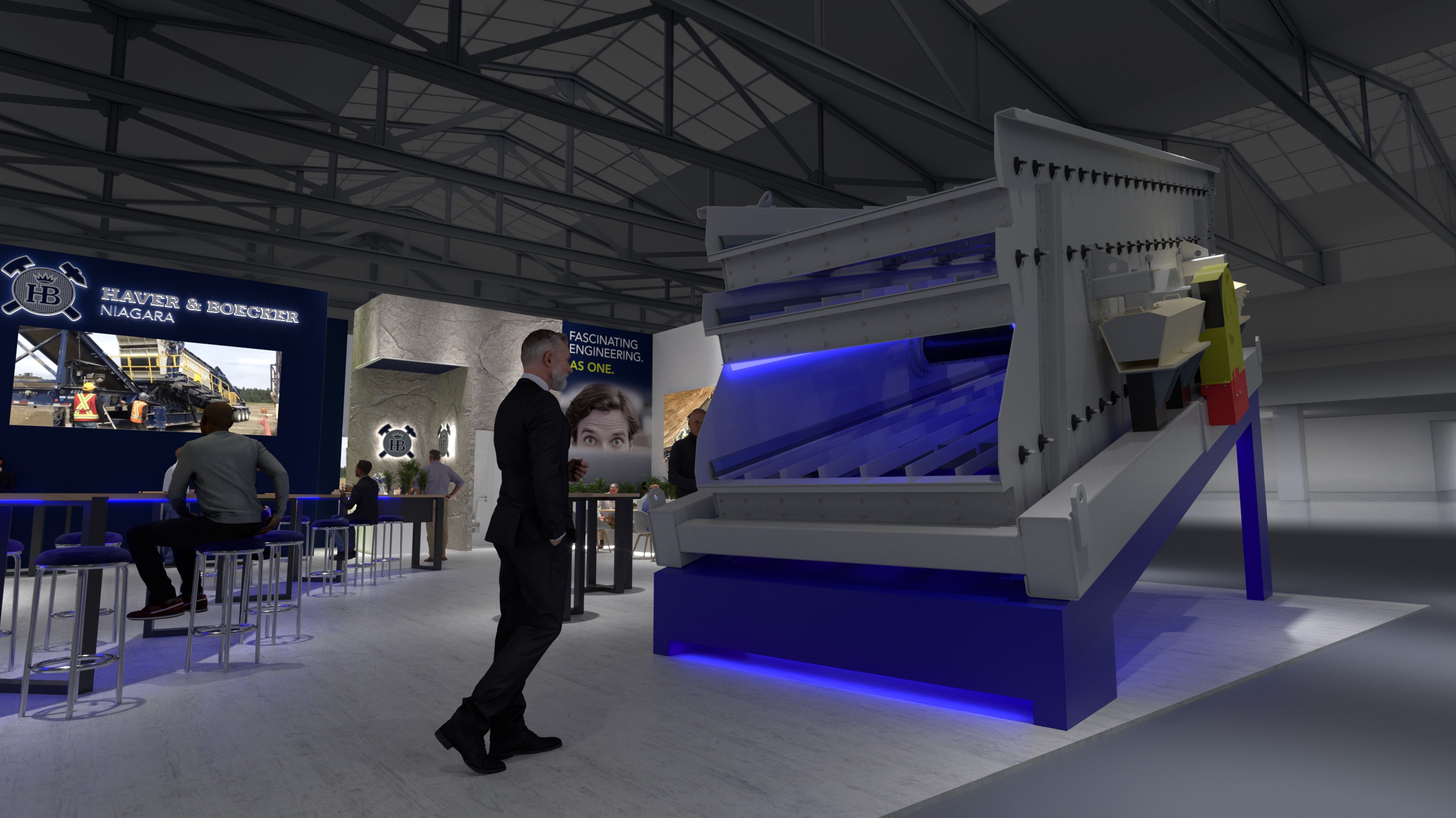 Industrial exhibition booth with blue-lit machinery and display screen