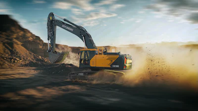 Yellow Hyundai excavator digging in dusty construction site with rocky terrain