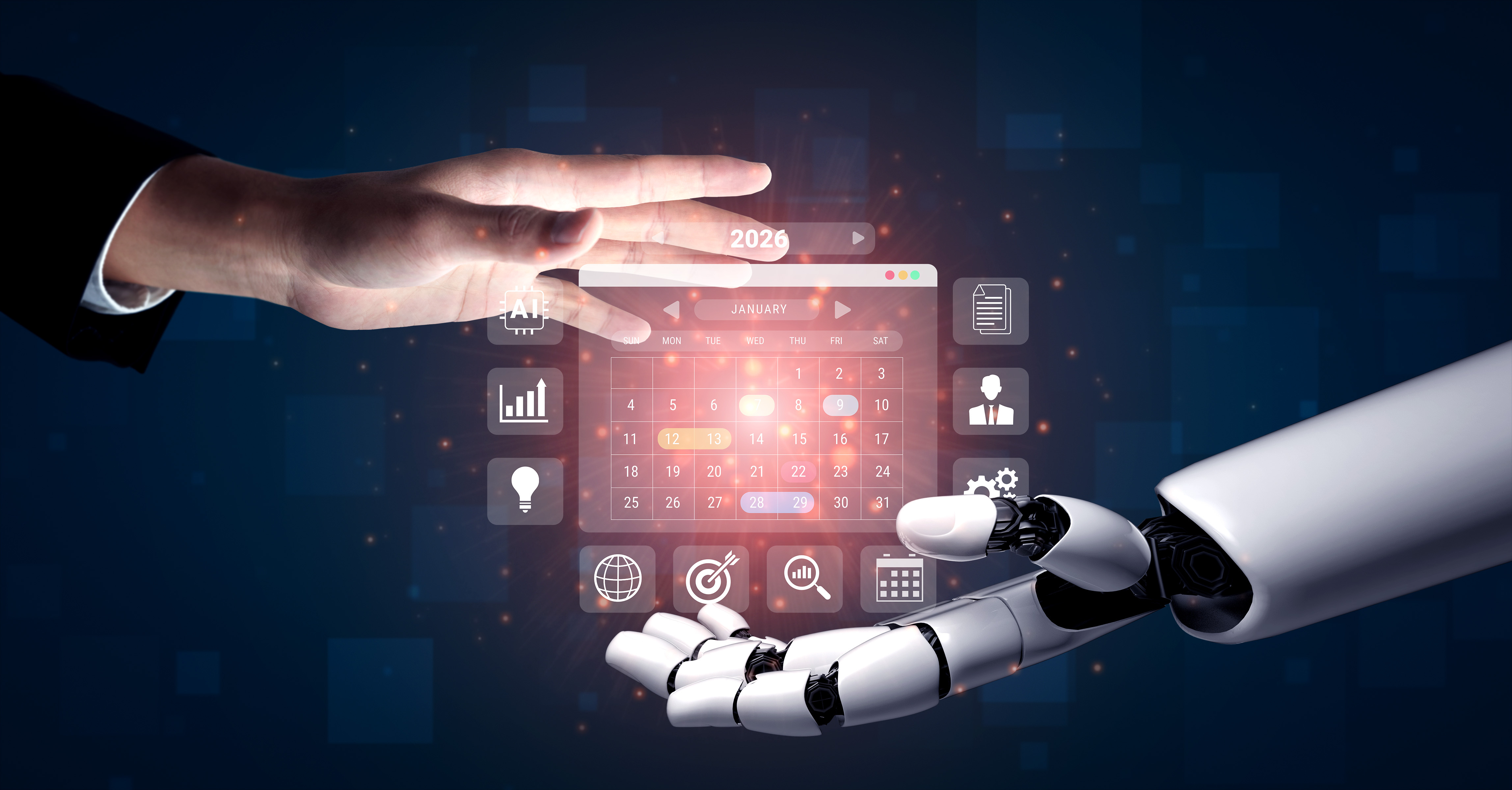 Robotic and human hands interacting with futuristic digital calendar interface