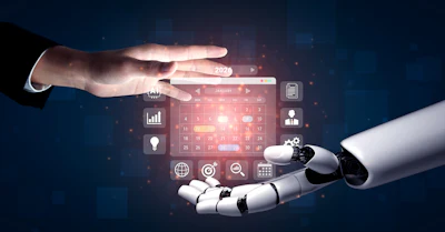 Robotic and human hands interacting with futuristic digital calendar interface