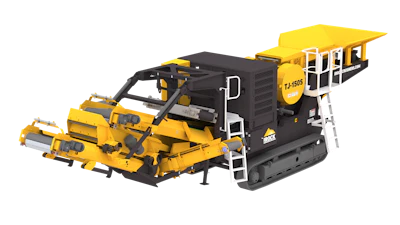 Yellow and black mobile industrial crusher machine on tracked chassis