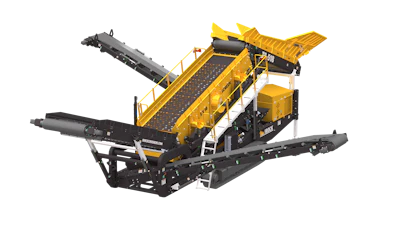 Industrial mobile screening machine with yellow and black conveyor system