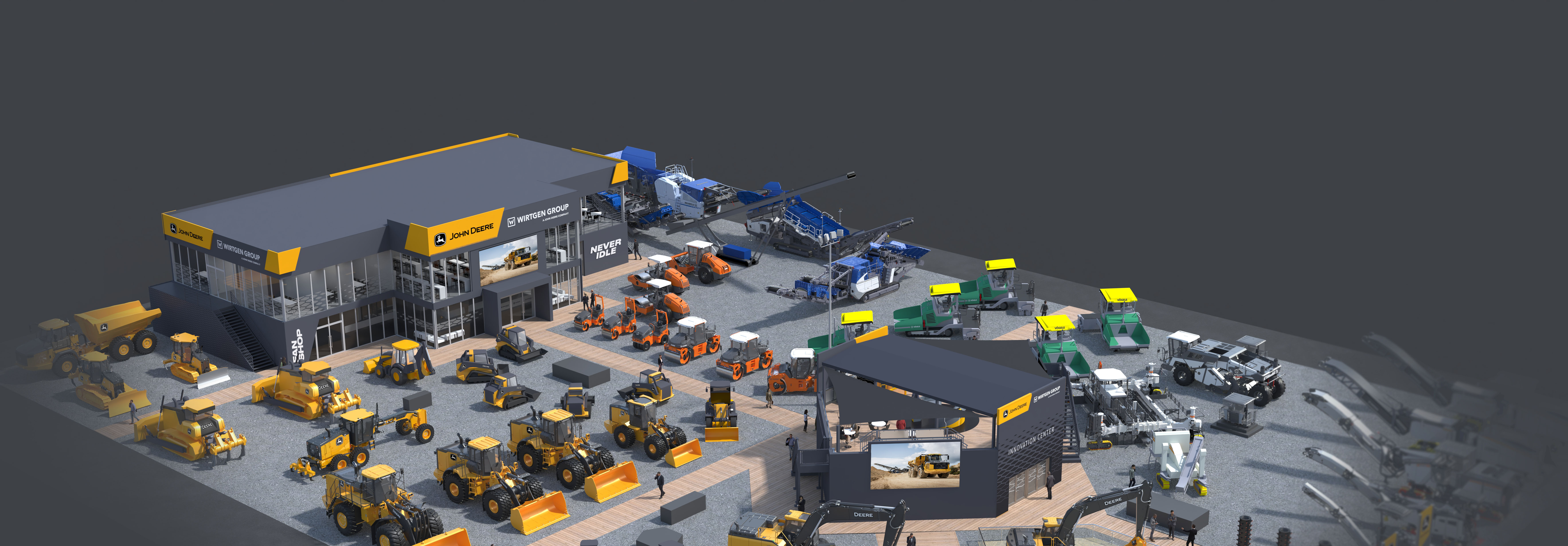 Construction equipment dealership with yellow, blue, and gray machinery in outdoor sales yard