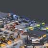 Construction equipment dealership with yellow, blue, and gray machinery in outdoor sales yard