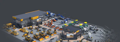 Construction equipment dealership with yellow, blue, and gray machinery in outdoor sales yard