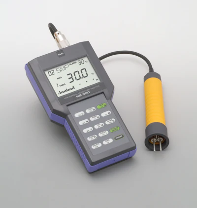Digital handheld measurement meter with yellow probe and LCD screen