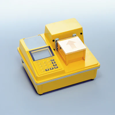 Yellow electronic measurement device with digital display and control panel