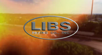 Libs Paving Company metallic blue logo on sunset-colored background