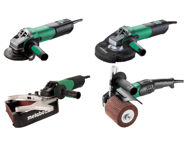 Four Metabo power tools and angle grinders in green and black