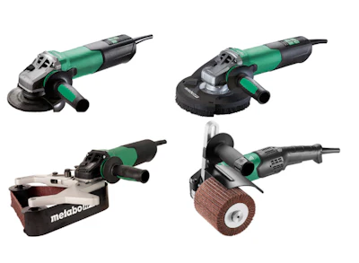 Four Metabo power tools and angle grinders in green and black