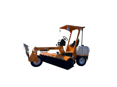 Orange street sweeper with water tank and brush attachment on white background