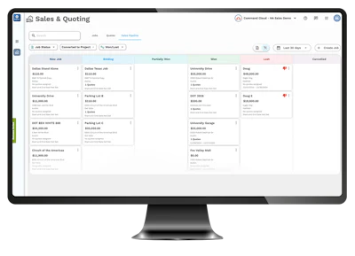 Sales and quoting software dashboard showing job status and financial details
