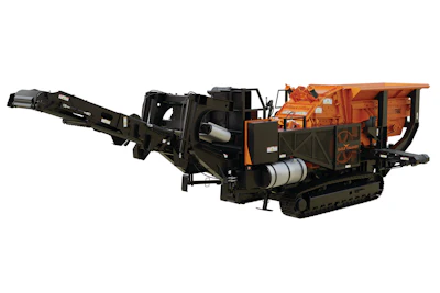 Mobile tracked industrial rock crusher with orange and gray metal components